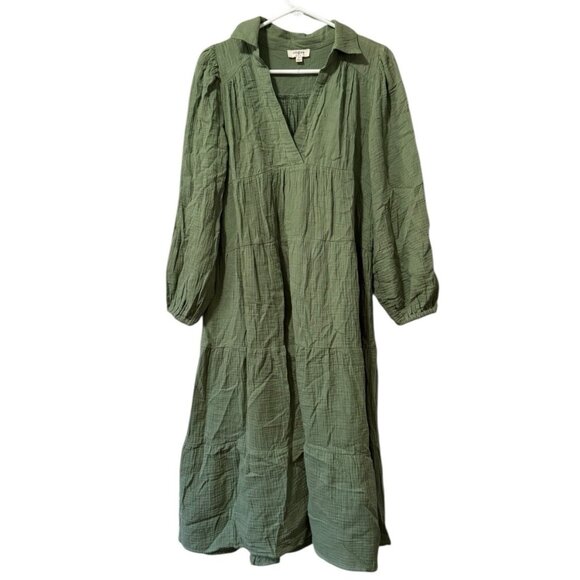 Umgee Women Size Small Tiered Dress Green Collared Split Neck Long Sleeve Boho - Picture 1 of 10